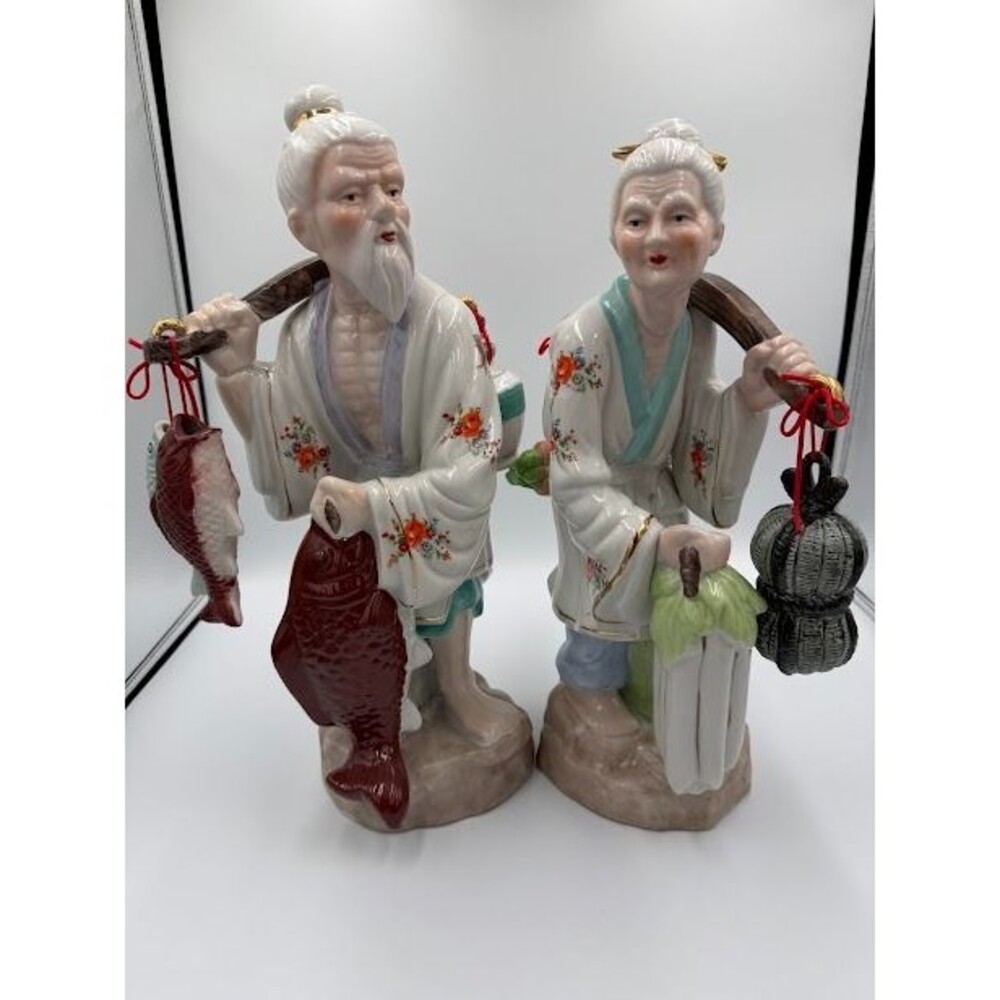 Rare 1960s Ceramic Porcelain Old Chinese Couple -Working, 13.5-18" -Heavy Weight